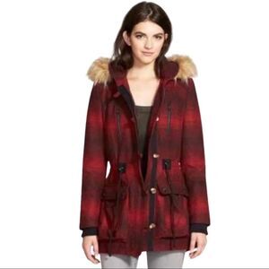 Steve Madden Red Stripe Hooded Faux Fur